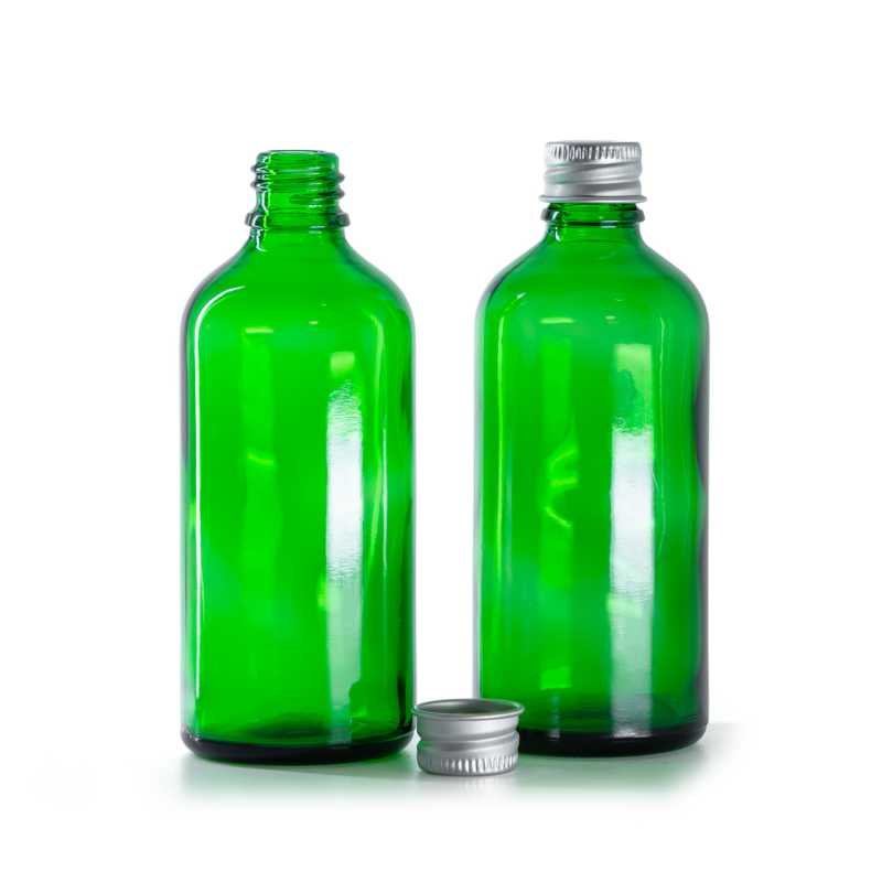 Green Glass Bottle, Silver Aluminium Cap, 100 ml