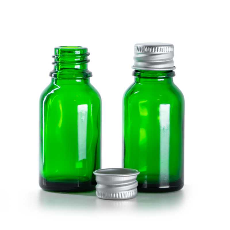 Green Glass Bottle, Silver Aluminium Cap, 15 ml