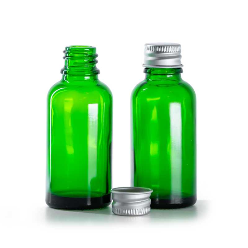 Green Glass Bottle, Silver Aluminium Cap, 30 ml