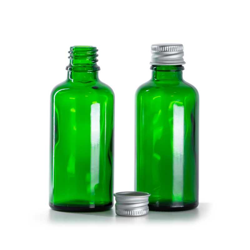 Green Glass Bottle, Silver Aluminium Cap, 50 ml