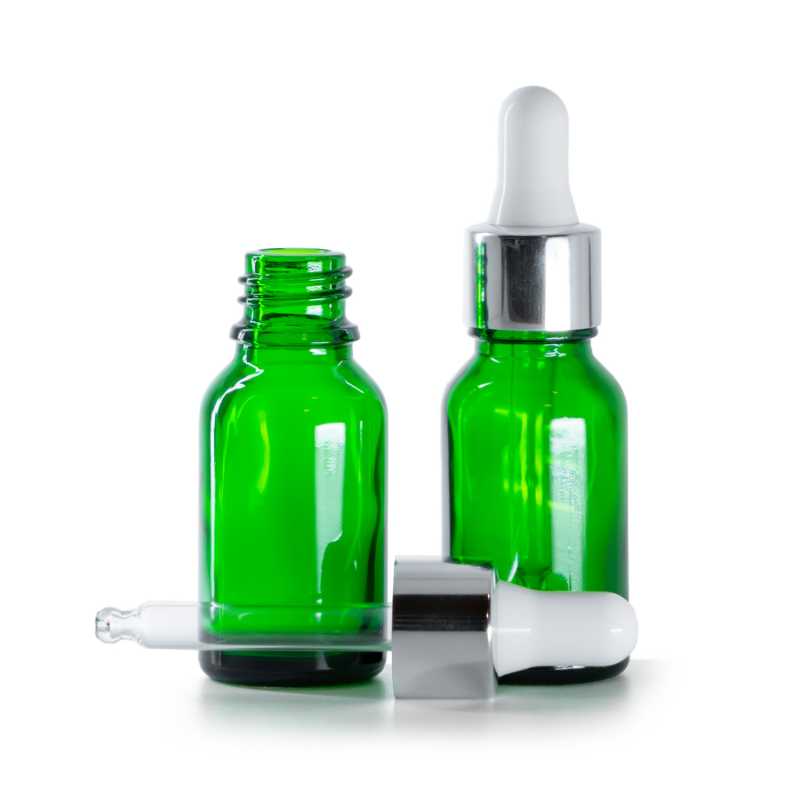 Green Glass Bottle, Glossy Silver Dropper, 15 ml