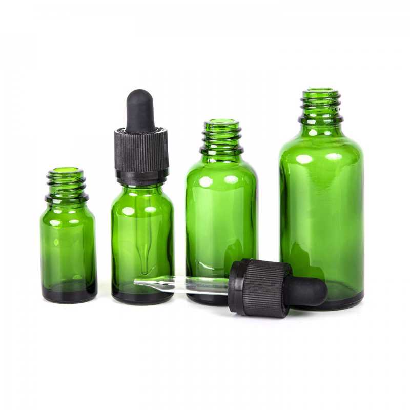 Green Glass Bottle, Black Tamper Evident Safety Dropper, 10 ml