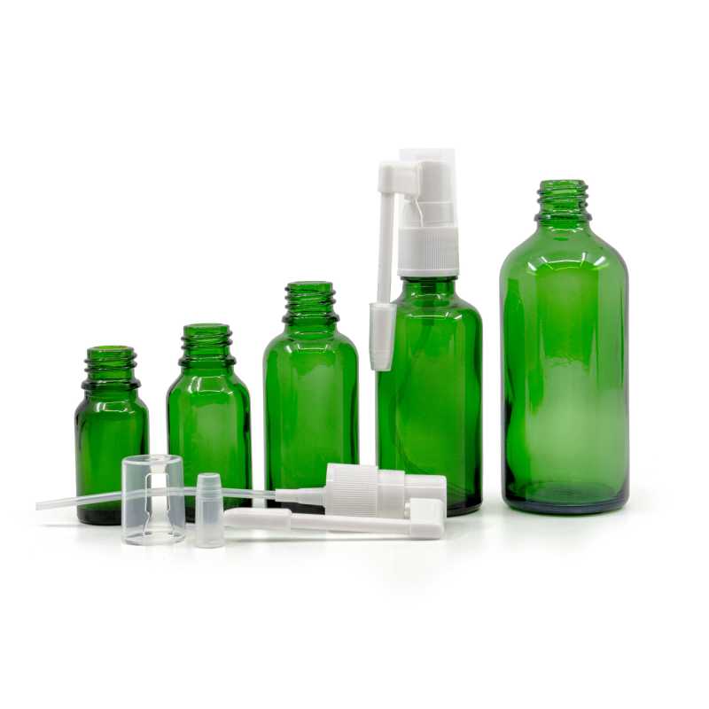 Green Glass Bottle, White Oral Spray, 10 ml