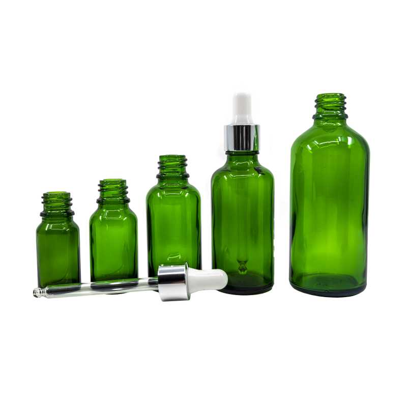 Green Glass Bottle, Glossy Silver White Dropper, 50 ml