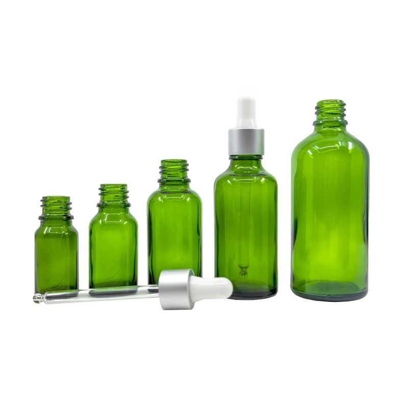 Green Glass Bottle, Matte Silver White Dropper, 10 ml