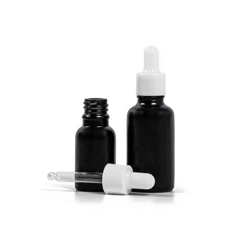 Theglass bottle, the so-called vial, is made of thick glass in black matt finish. It is used for storing liquids, which, thanks to its colour, it effectively pr