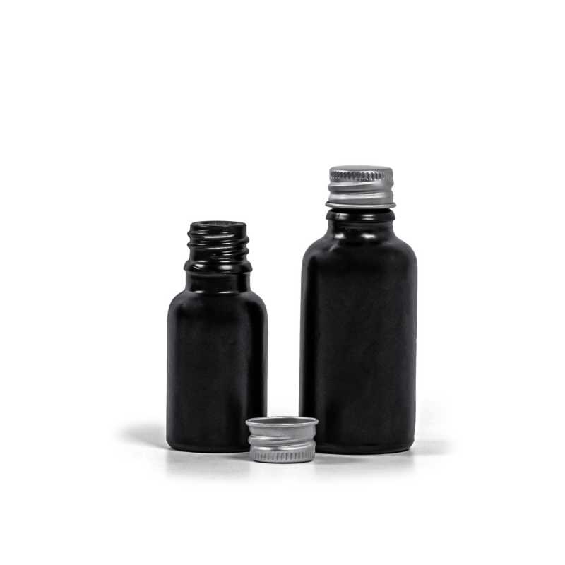 Theglass bottle, the so-called vial, is made of thick glass in black matt finish. It is used for storing liquids, which, thanks to its colour, it effectively pr