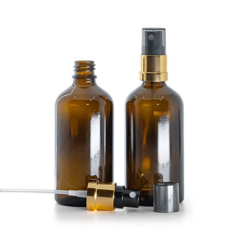 Amber Glass Bottle, Gold Black Spray, Smoky Overcap 100 ml