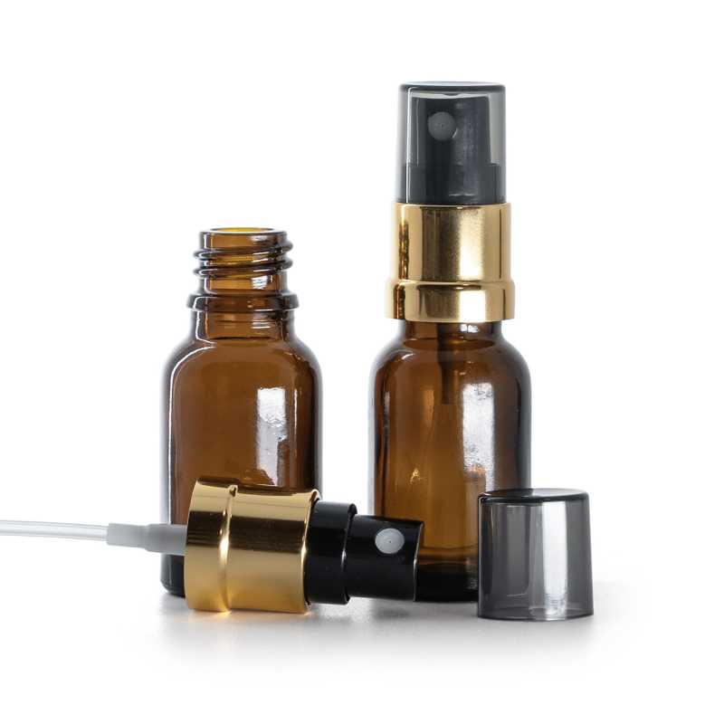 Amber Glass Bottle, Gold Black Spray, Smoky Overcap, 15 ml