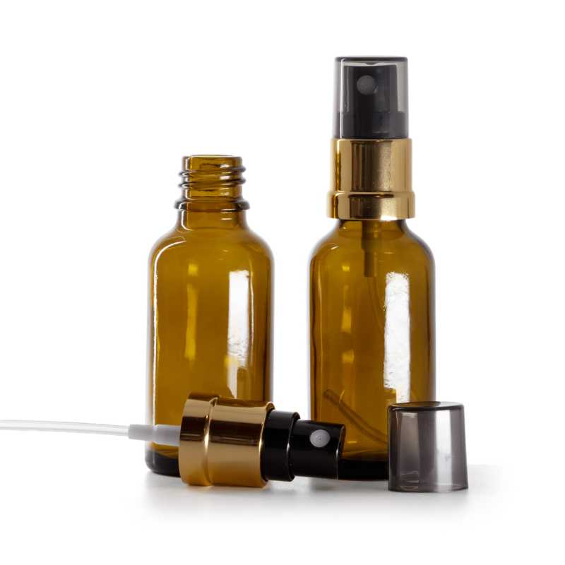 Amber Glass Bottle, Gold Black Spray, Smoky Overcap, 30 ml
