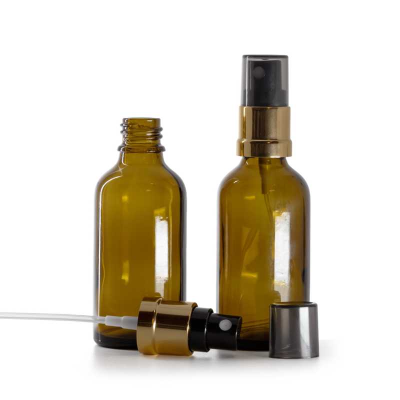 Amber Glass Bottle, Gold Black Spray, Smoky Overcap, 50 ml