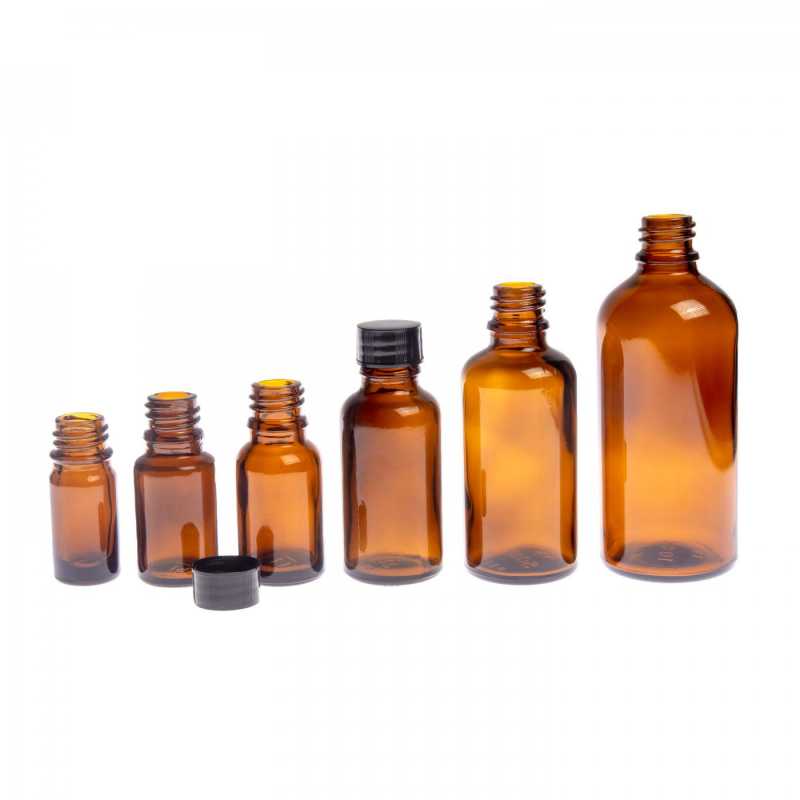 Amber Glass Bottle, Black Cap, 50 ml