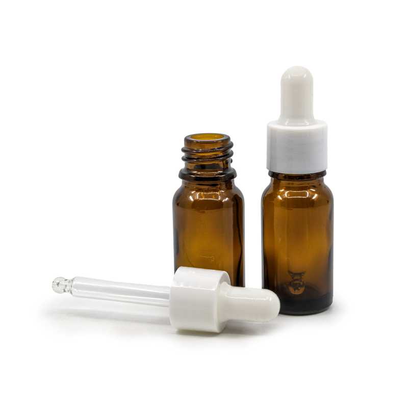 Amber Glass Bottle, Glossy White Dropper, 10 ml