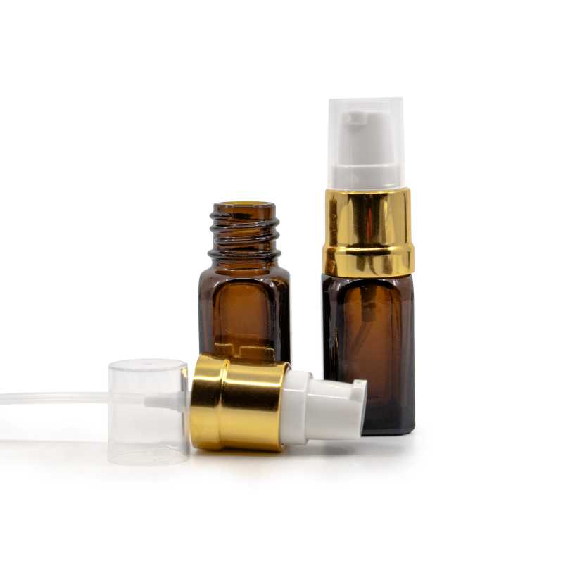Ambre Glass Square Bottle, Glossy Golden White Pump, 10 ml