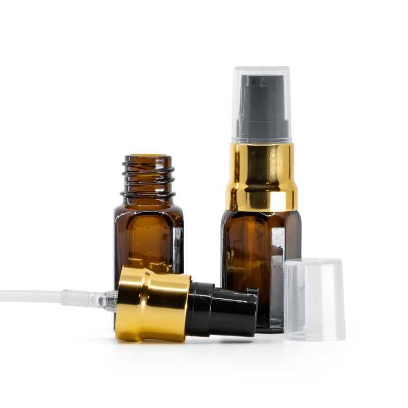 Amber Glass Square Bottle, Glossy Gold Black Pump With Clear Overcap, 10 ml