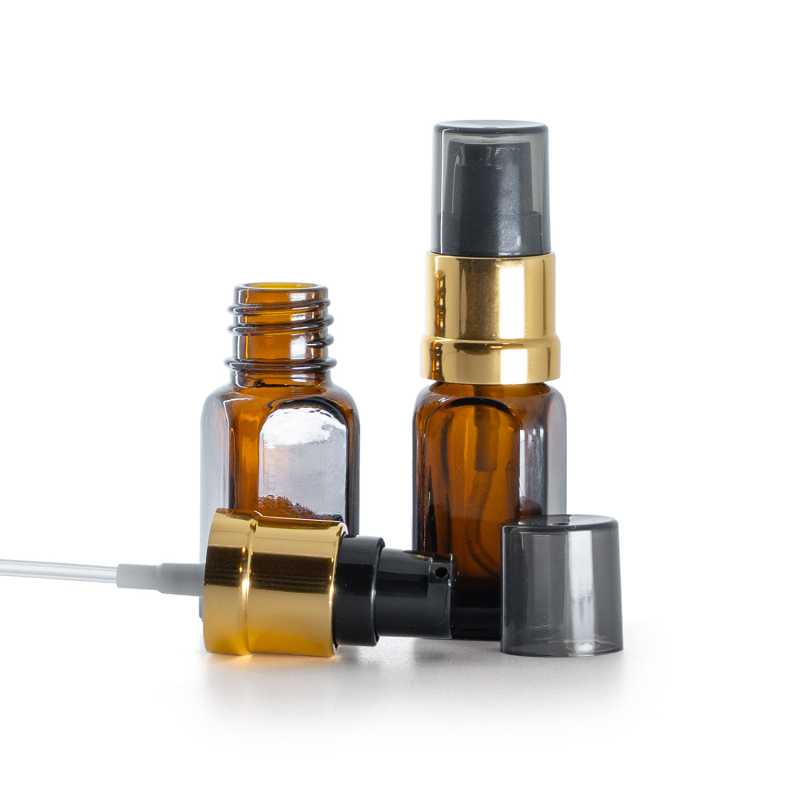 Amber Glass Square Bottle, Glossy Golden Black Pump with Smoky Overcap, 10 ml