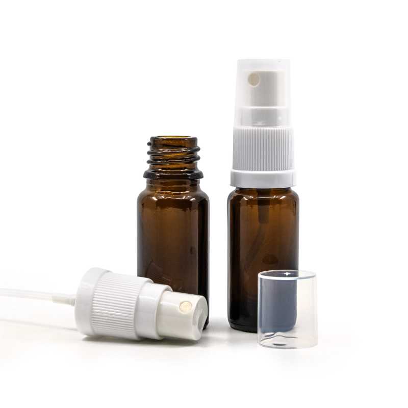 Amber Glass Bottle, Type B, Slim, White Spray, 10 ml