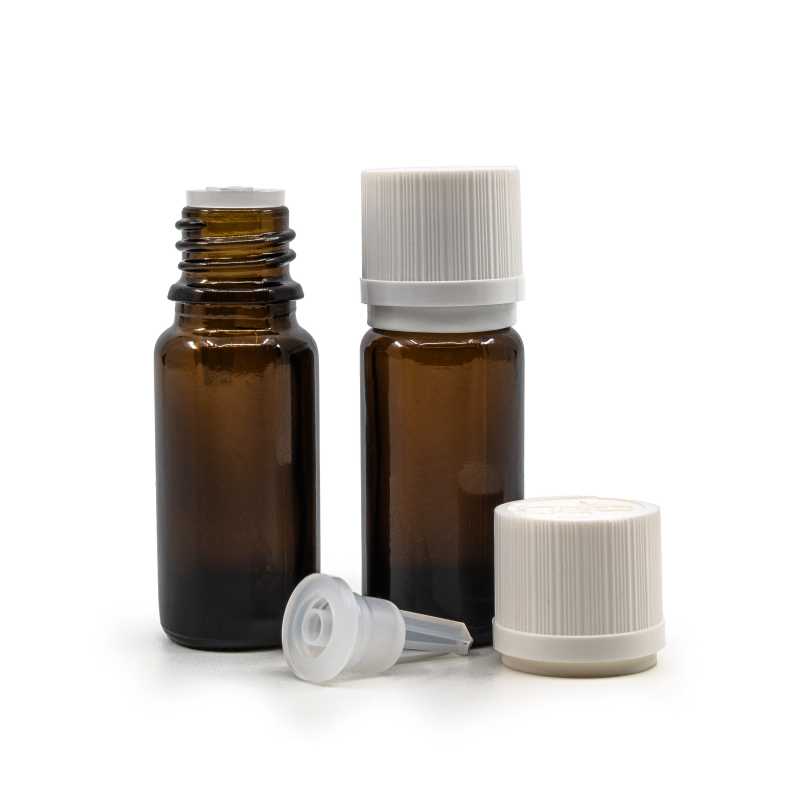 Amber Glass Bottle, Type B, Slim, White Safety Cap & Dropper, 10 ml