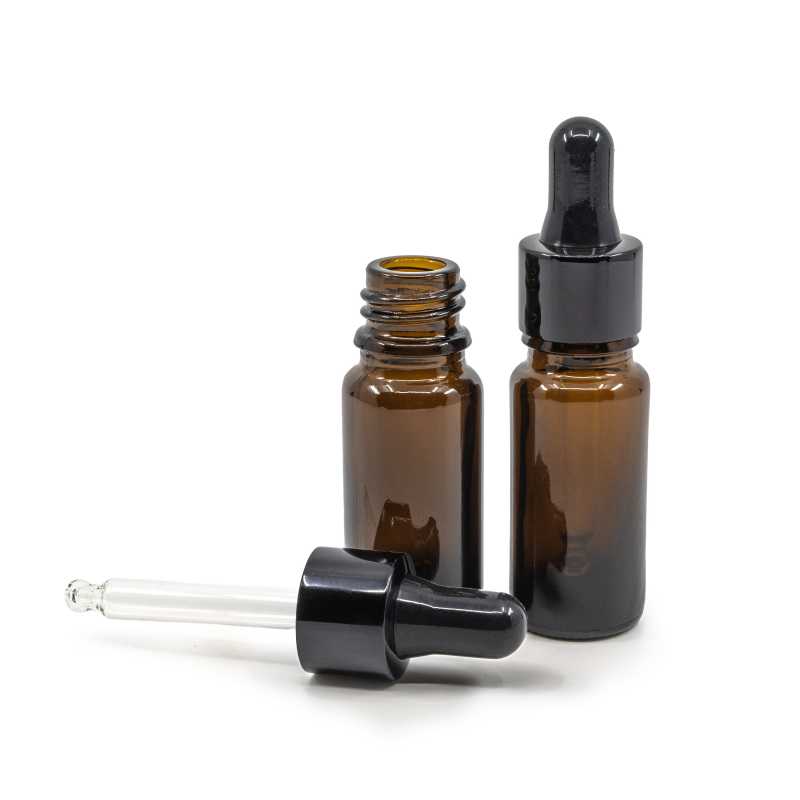 Amber Glass Bottle, Type B, Slim, Glossy Black Dropper, 10 ml