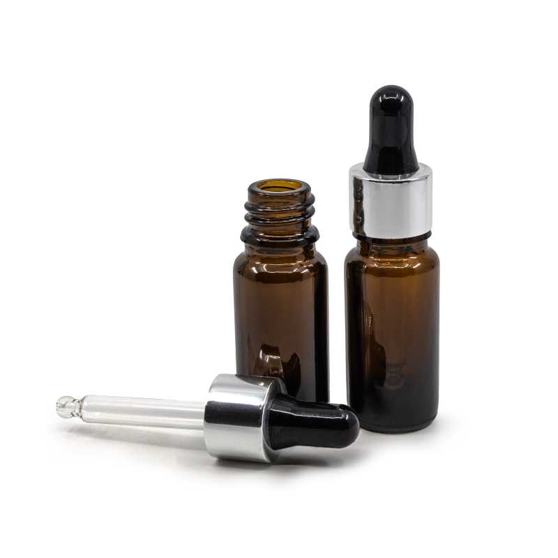 Amber Glass Bottle, Type B, Slim, Glossy Silver Black Dropper, 10 ml
