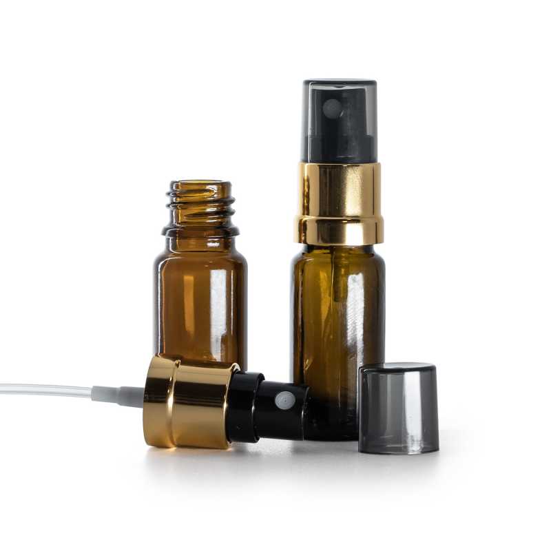 Amber Glass Bottle, Type B, Slim, Gold Black Spray, Smoky Overcap, 10 ml