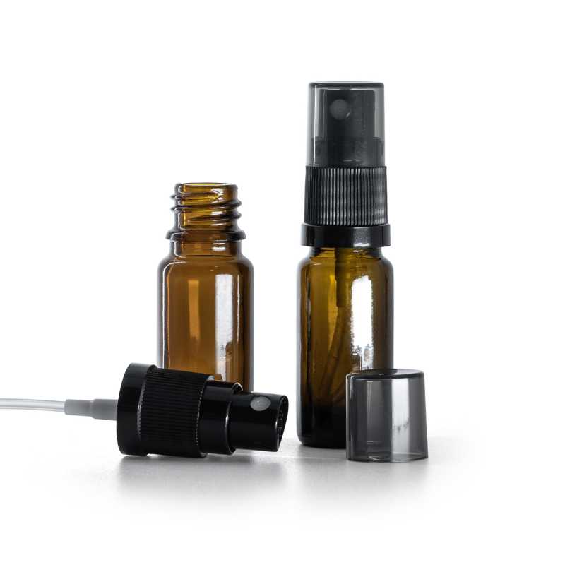 Amber Glass Bottle, Type B, Slim, Black Fine Mist Sprayer, Smoky Overcap, 10 ml