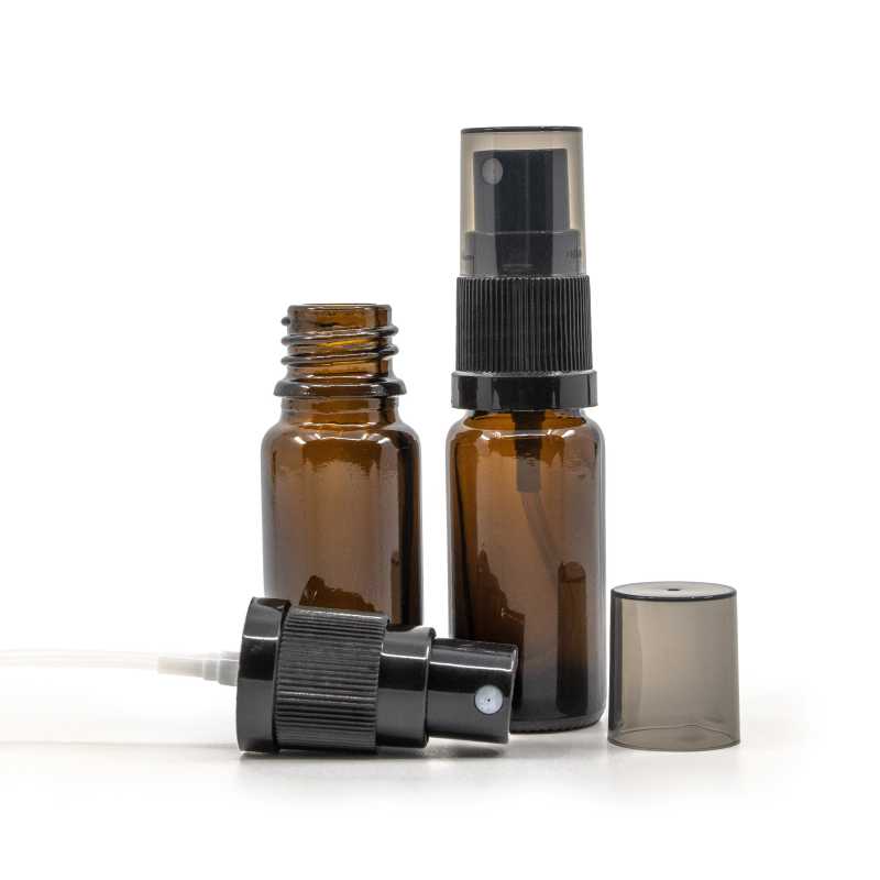 Amber Glass Bottle, Type B, Slim, Black Fine Mist Sprayer, Smoky Overcap, 10 ml
