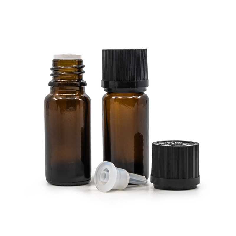 Amber Glass Bottle, Type B, Slim, Black Safety Cap & Dropper 10 ml