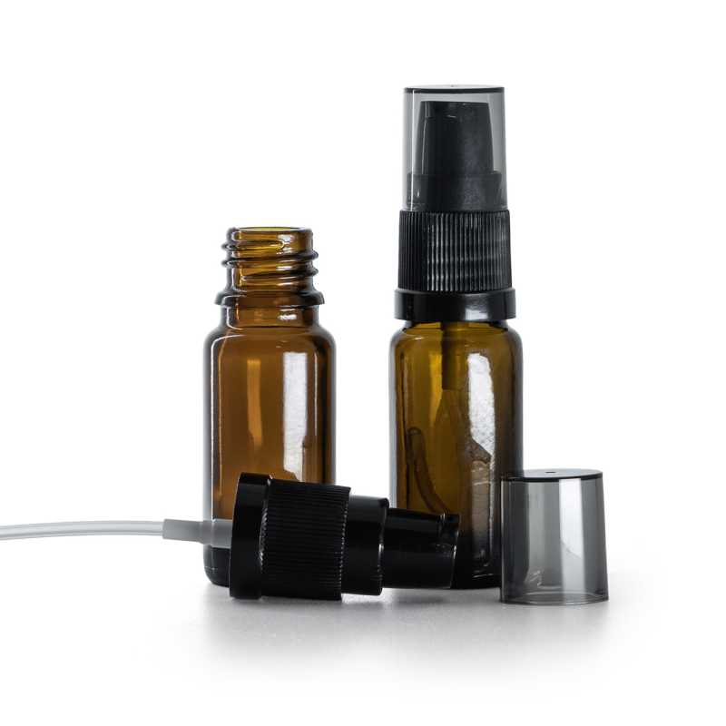 Amber Glass Bottle, Type B, Slim, Black Lotion Pump with Smoky Overcap, 10 ml
