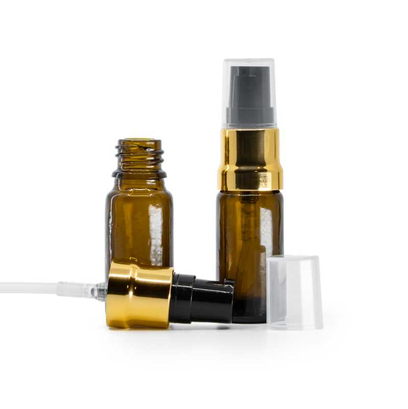 Amber Glass Bottle, Type B, Slim, Glossy Gold Black Pump With Clear Overcap, 10 ml