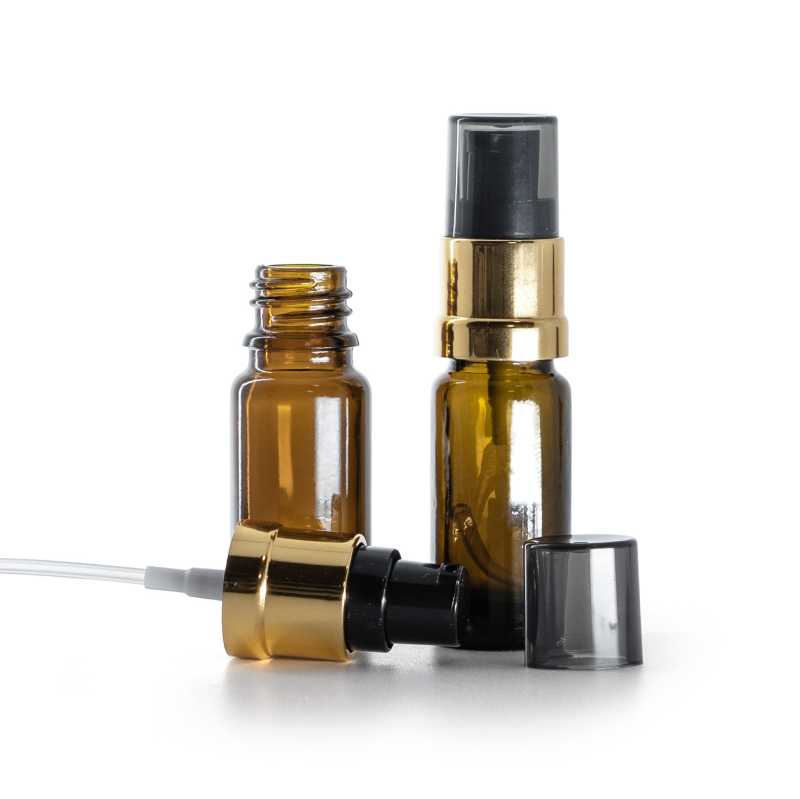 Amber Glass Bottle, Type B, Slim, Glossy Golden Black Pump with Smoky Overcap, 10 ml