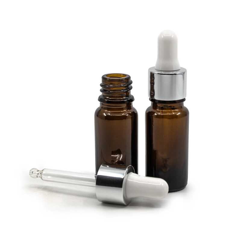 Amber Glass Bottle, Type B, Slim, Glossy Silver White Dropper, 10 ml