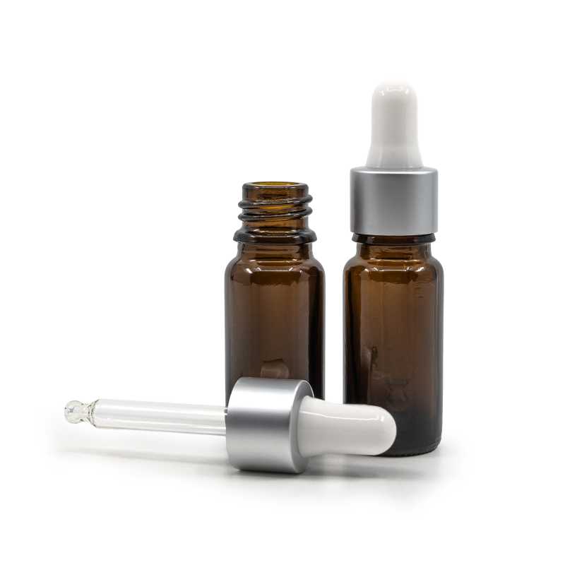 Amber Glass Bottle, Type B, Slim, Matte Silver White Dropper, 10 ml