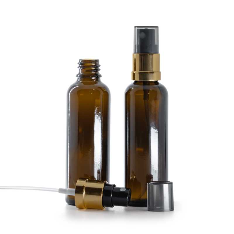 Amber Glass Bottle, Slim, Gold Black Spray, Smoky Overcap, 50 ml
