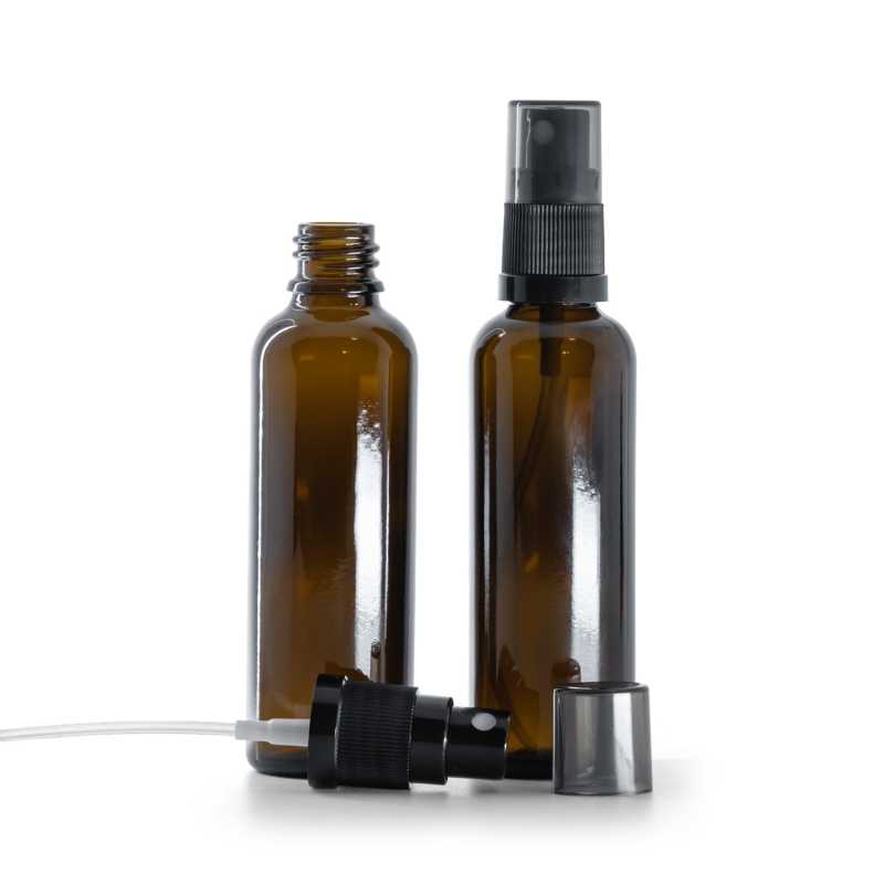 Amber Glass Bottle, Slim, Black Fine Mist Sprayer, Smoky Overcap, 50 ml