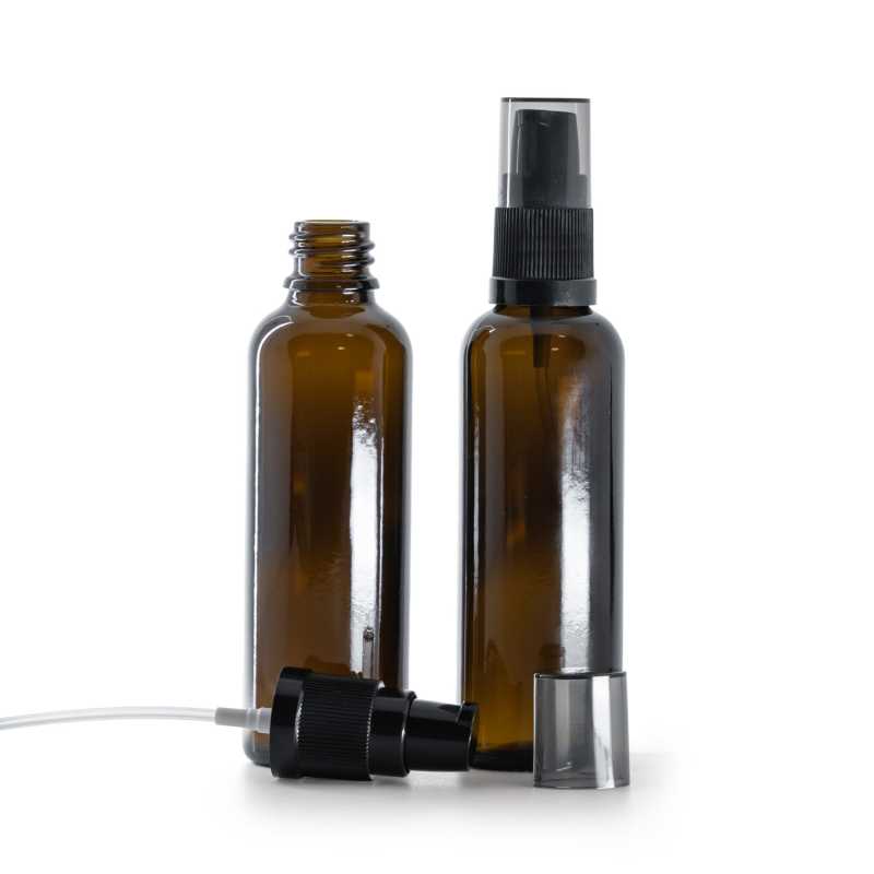 Amber Glass Bottle, Slim, Black Lotion Pump with Smoky Overcap, 50 ml