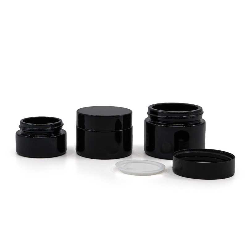 Black Glossy Glass Jar, Black Plastic Lid & Gasket, 15 ml