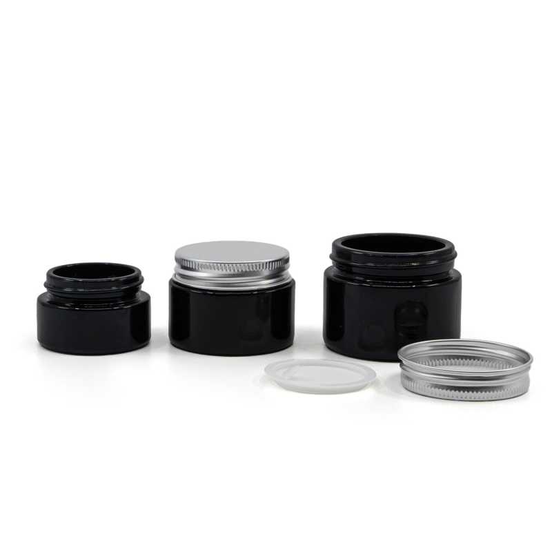 Black Glossy Glass Jar, Silver Aluminium Lid & Gasket, 15 ml