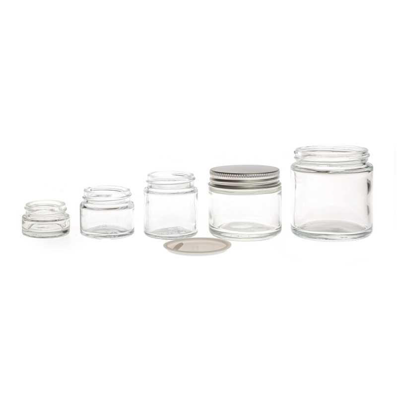 Glass cup made of thick transparent glass. Suitable for storing creams, balms, oils or samples. It is also suitable for making candles. It also has an inner lid