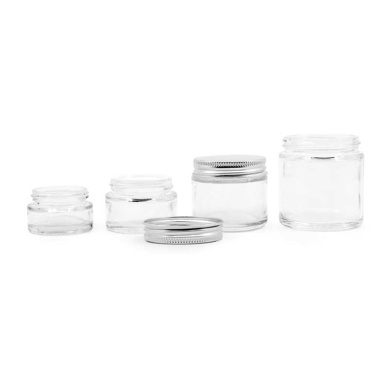 Glass jar made of thick transparent glass, suitable for storing creams, balms, oils or samples. It is also suitable for making candles.It also has an inner lid 
