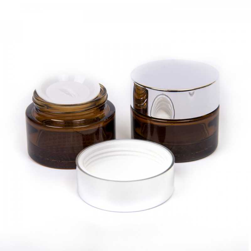 Elegant dark brown thick glass jar, suitable for storing creams, ointments, emulsions or serums. It also has an inner lid to prevent cream from spilling out and
