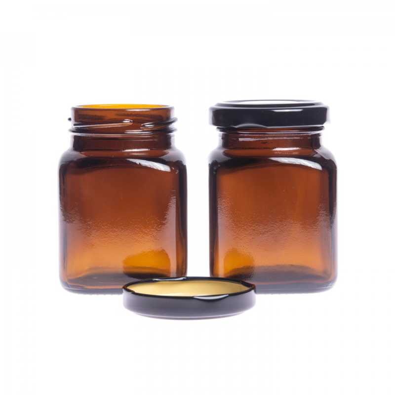 Dark brown thick glass jar with black aluminium lid with a volume of 175 ml, suitable for storing creams, ointments, emulsions or serums.It is also suitable for