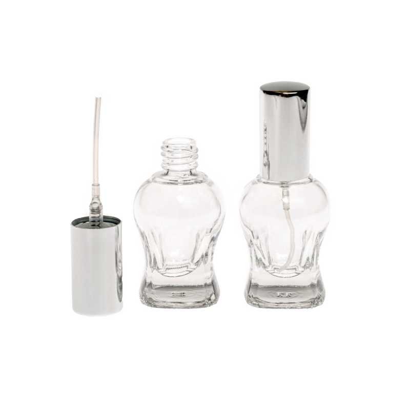 The decorative glass atomizer is made of thick transparent glass. The bottle has a silver plastic dispenser with lid. Suitable for perfumes, samples, solutions.