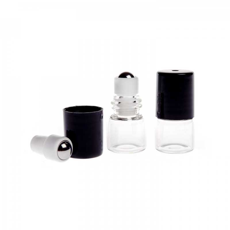Glass roll-on with plastic lid in black. It is a small roll-on with a volume of only 1 ml and is therefore ideal for samples. The ball in the roll-on is metal a