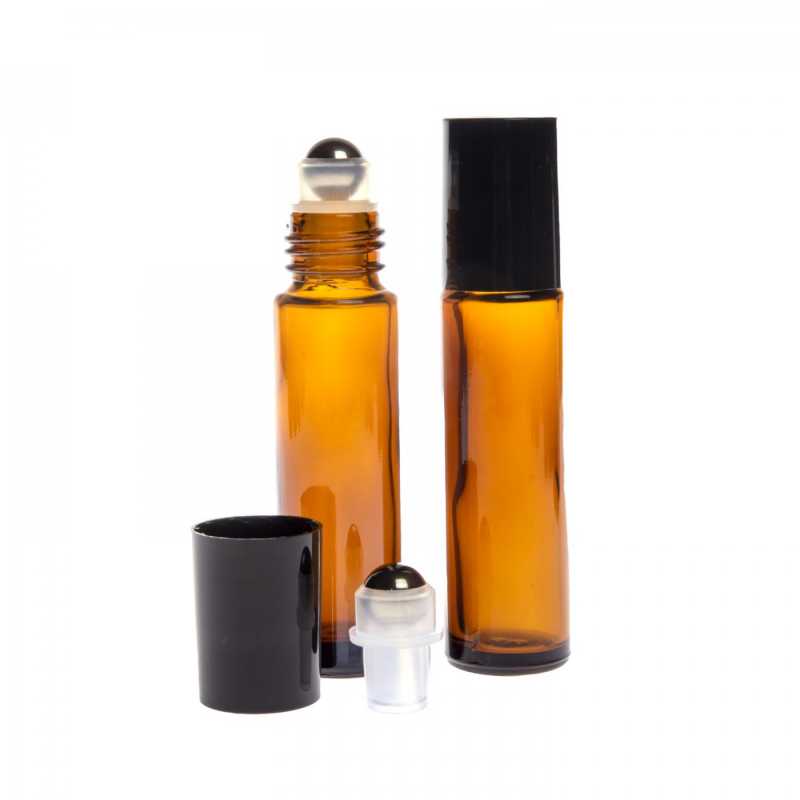 Glass bottle in transparent brown with a volume of 10 ml.Theball in the roll-one is metal or glass and moves easily even without pushing.Black plastic lid for 1