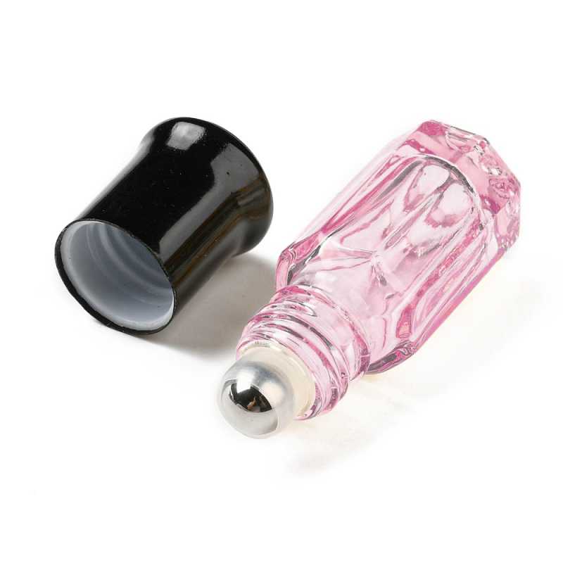 Glass roll-on with plastic lid in transparent pink with a volume of 3 ml.
The ball in the roll-on is metal and moves easily even without pressing.
Overall hei