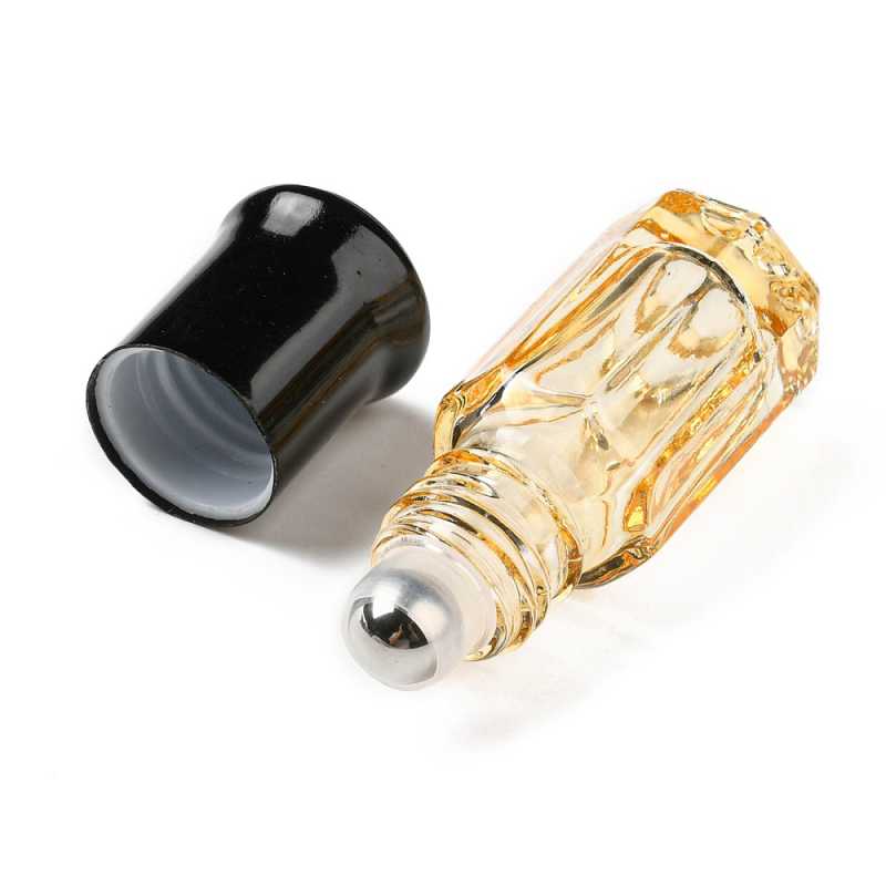 Glass roll-on with plastic cap in transparent yellow with a volume of 3 ml.
The ball in the roll-on is metal and moves easily even without pressing.
Overall h