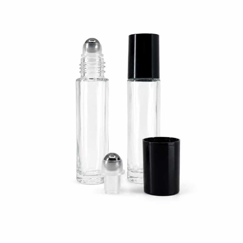 Clear Glass Roll-On Bottle, Black Cap, Metal Roller Ball, 10 ml