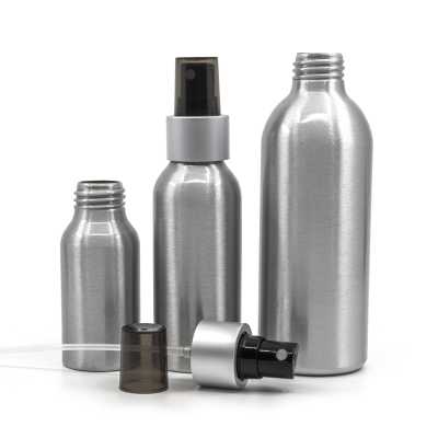 Aluminium Bottle, Black Spray with Matte Silver Collar, Smoky Overpcap, 100 ml