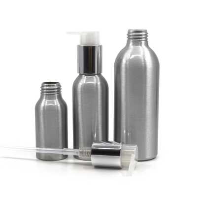 Aluminium Bottle, Glossy Silver Pump, 50 ml